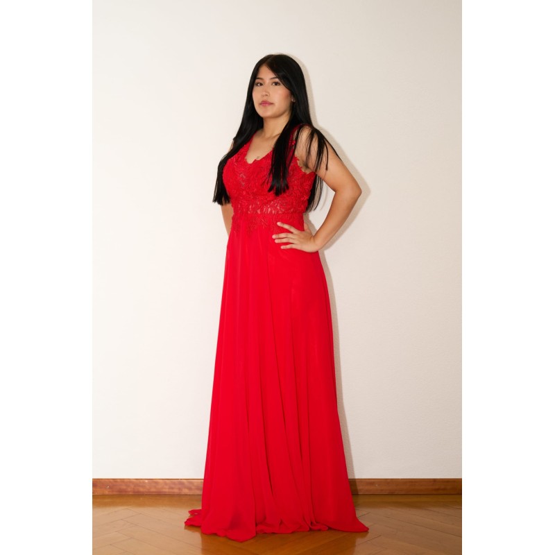 Robe de soirée longue rouge avec bustier en dentelle