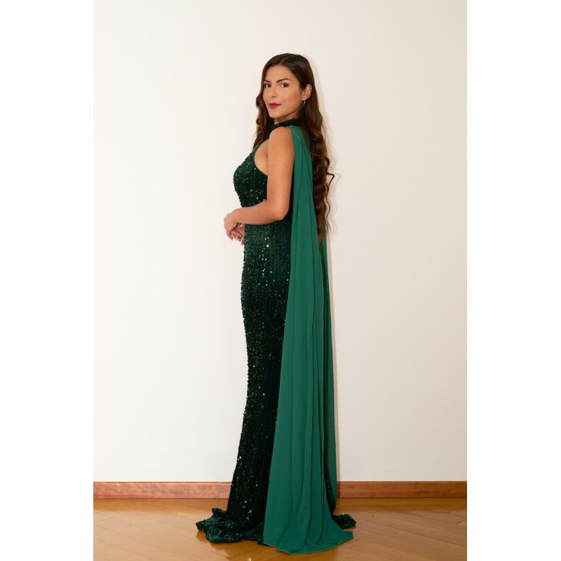 Robe de soirée longue émeraude à paillettes avec traîne