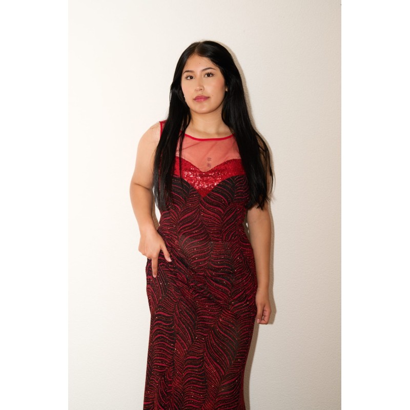 Robe de soirée longue rouge bordeaux à motifs paillettés